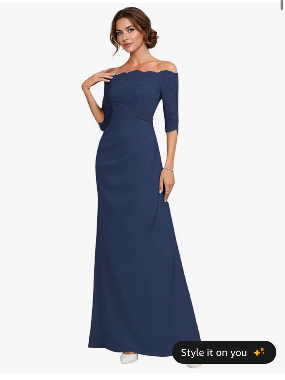 Off-Shoulder Navy Long Sleeve Evening Gown